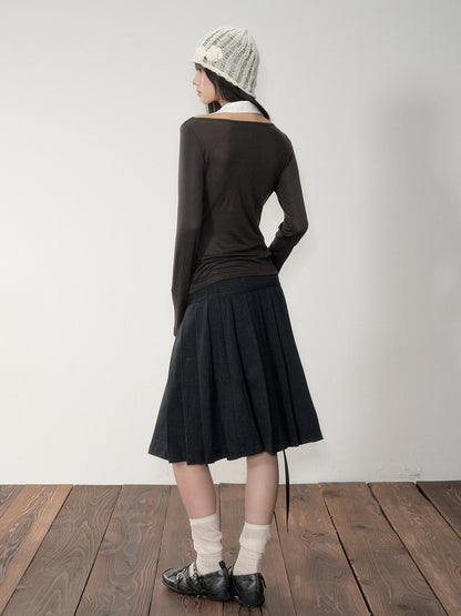 Dark Grey Tie-Waist Pleated Midi Skirt - CHINASQUAD