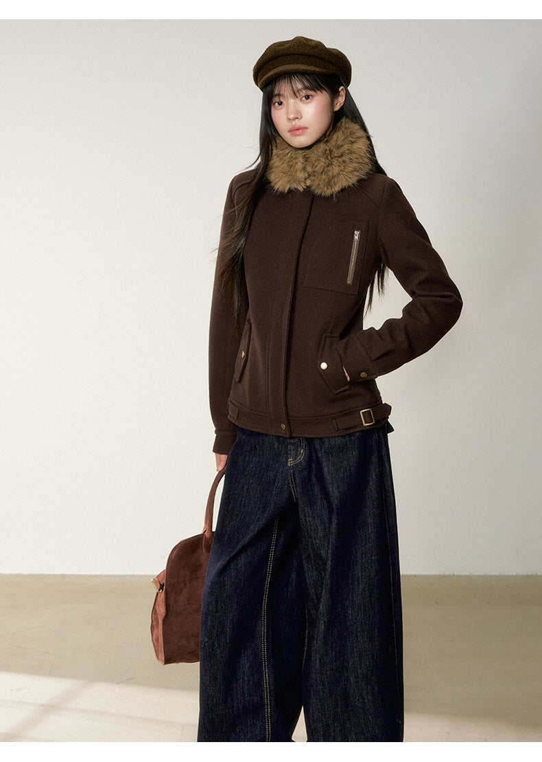 Brown Faux Fur Collar Slim Wool Jacket