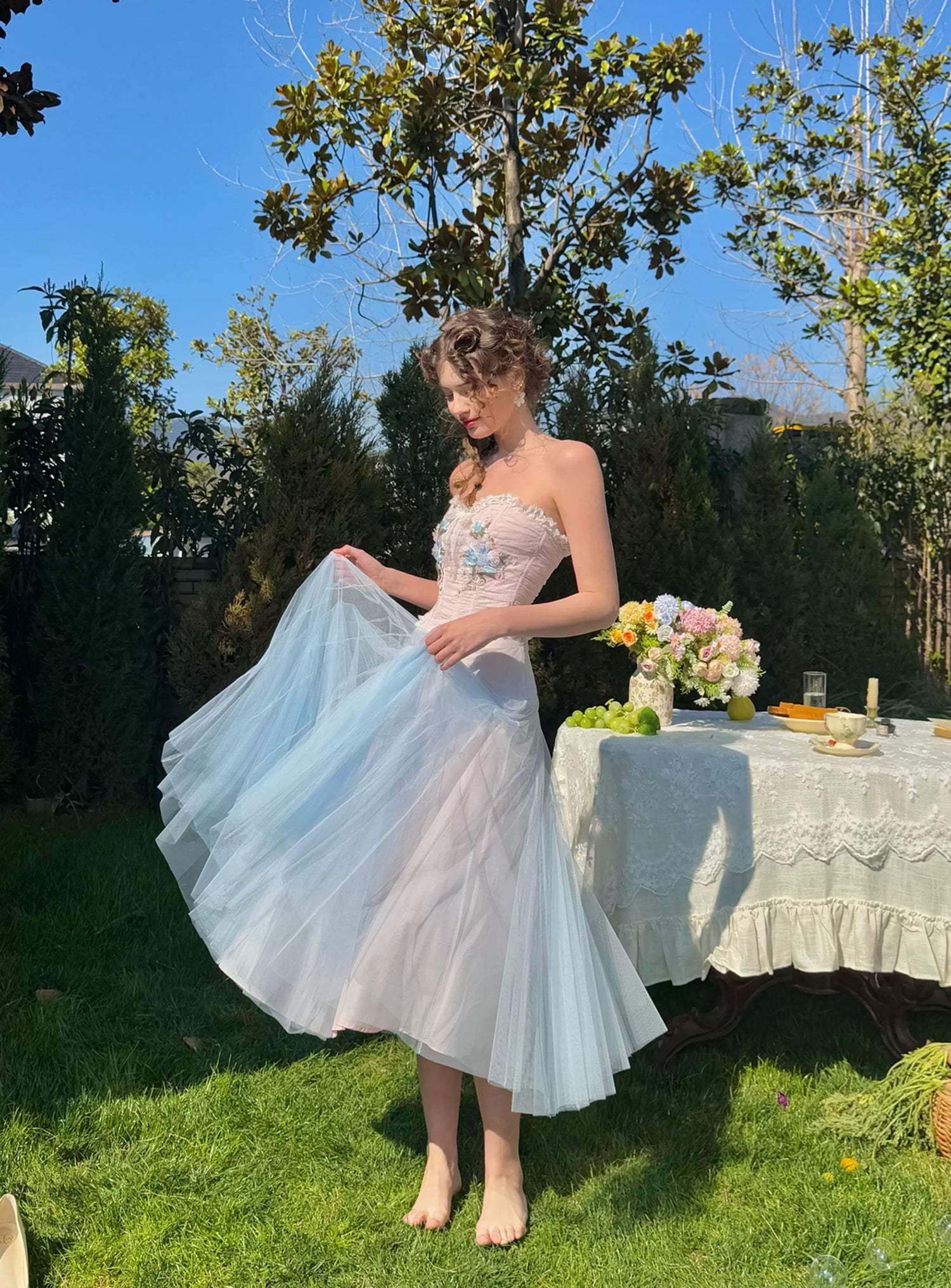 Blue Lily Strapless Corset Top &amp; Mesh Skirt Set