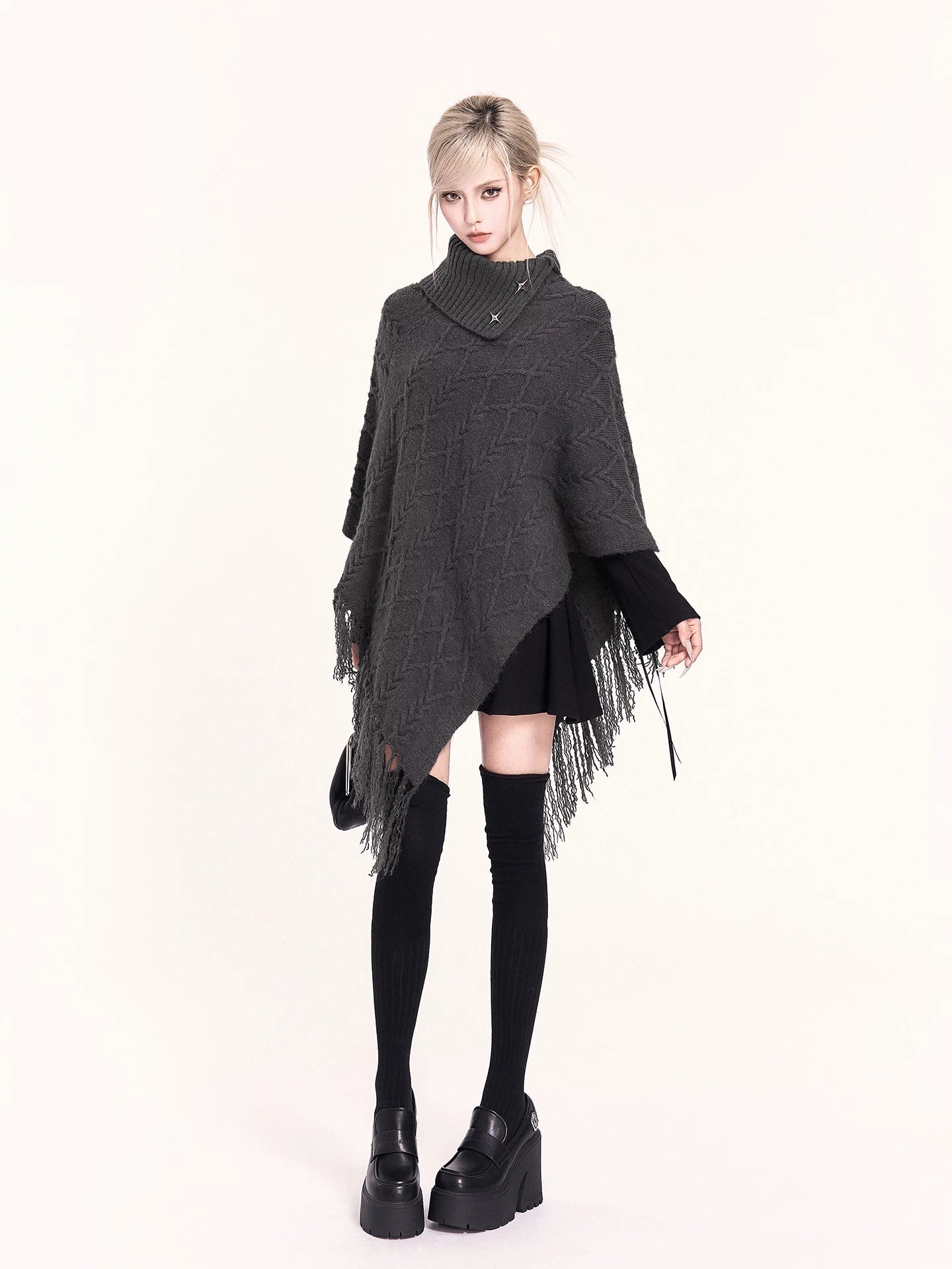 Asymmetric Turtleneck Knit Cape