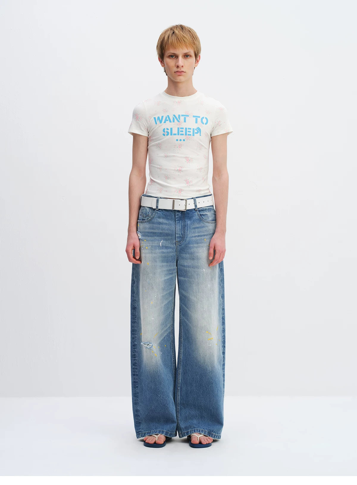 Washed Blue Curved-Leg Wide Denim Jeans
