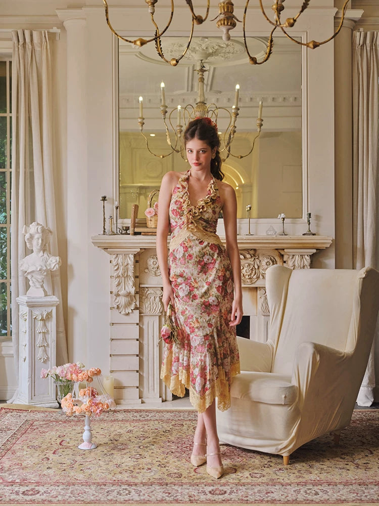 Flamenco Halter Mermaid Mesh Dress