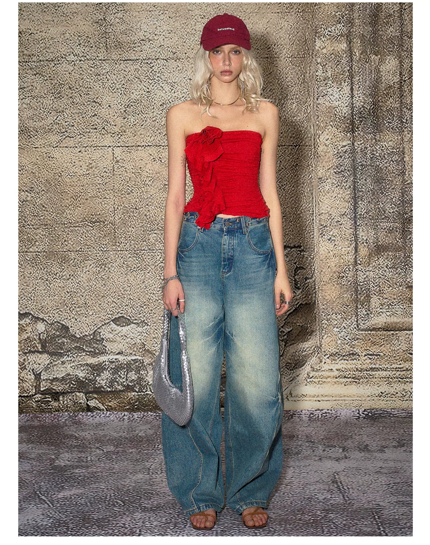 Red Floral Ruched Bandeau Crop T-shirt