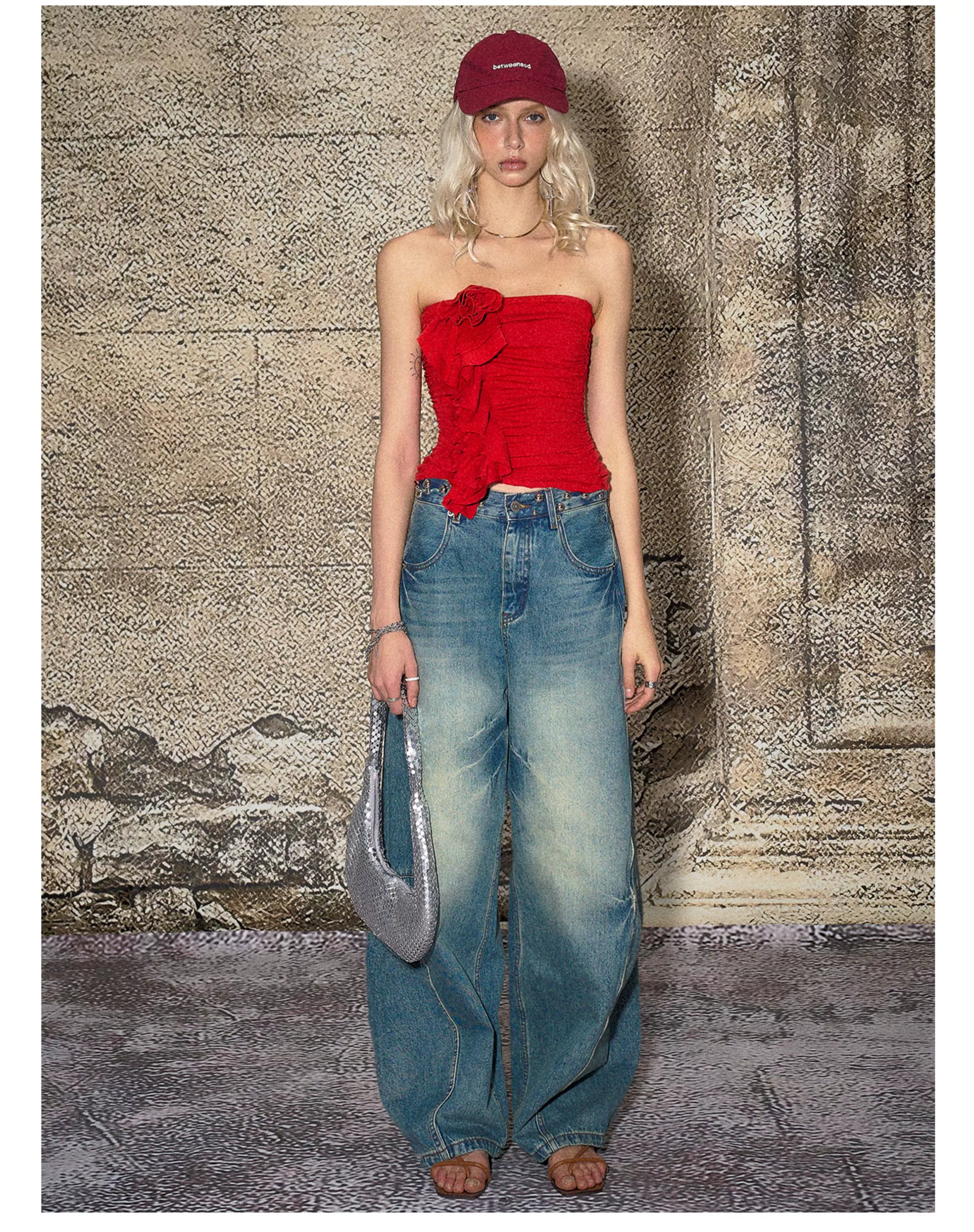 Red Floral Ruched Bandeau Crop T-shirt