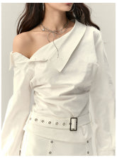 Off-Shoulder Pleated Waist Belt Short Shirt - CHINASQUAD