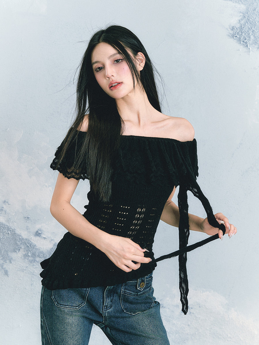 Off-The-Shoulder Ruffled Crochet Blouse