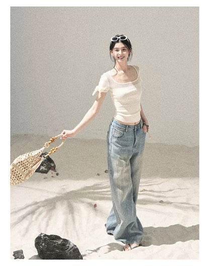 Square Neck Cut-Out Slim Fit Knit Top