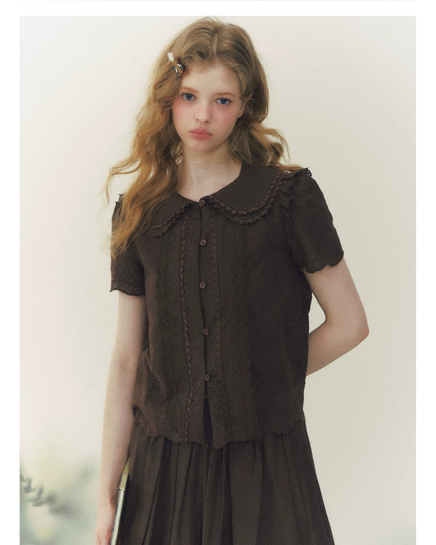 Peter Pan Collar Shirt &amp; Midi Skirt Set
