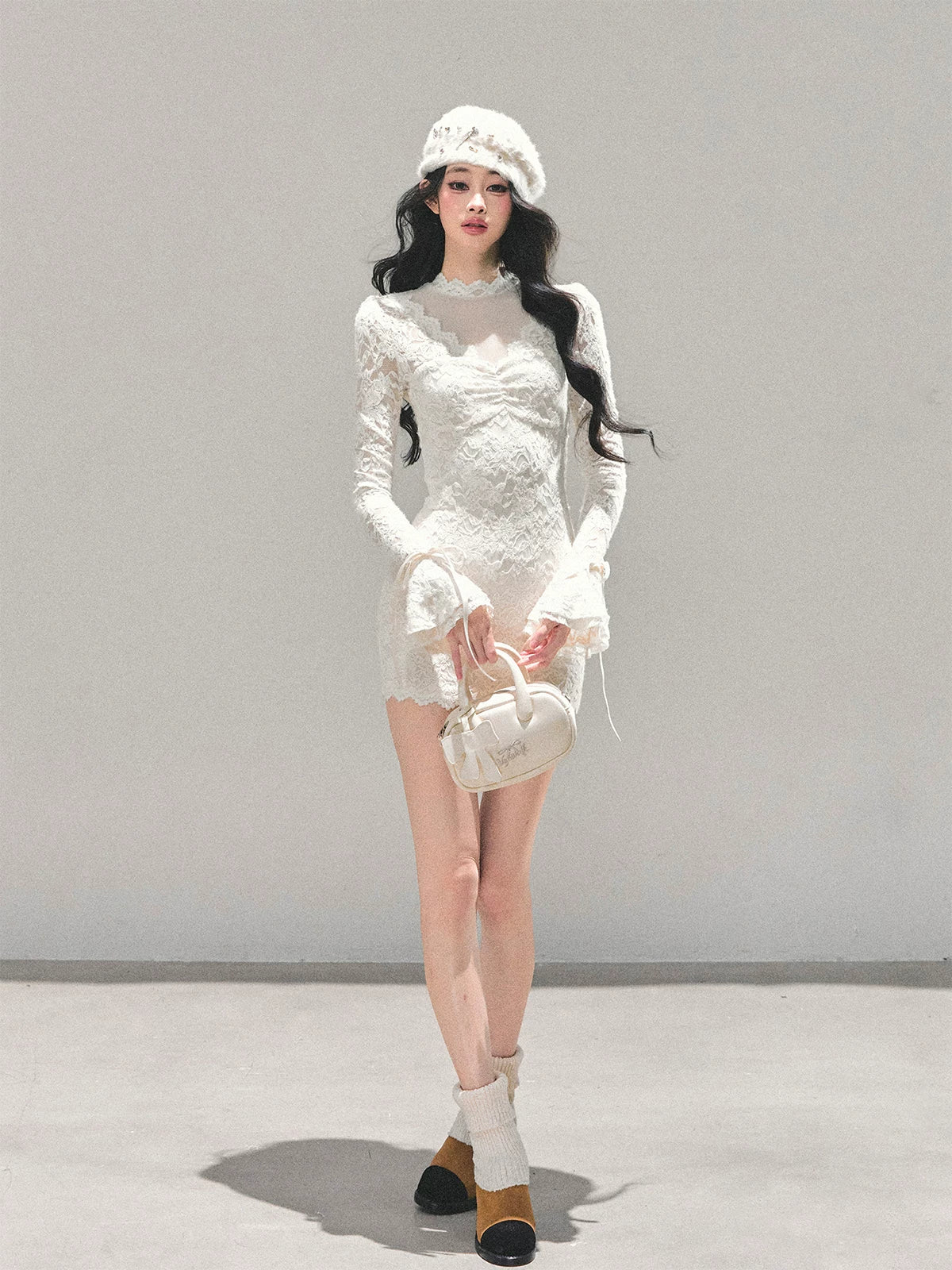 Lace Mesh Long-Sleeve Mini Dress