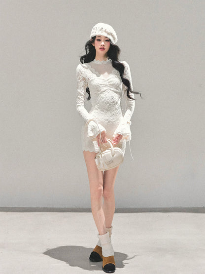 Lace Mesh Long-Sleeve Mini Dress