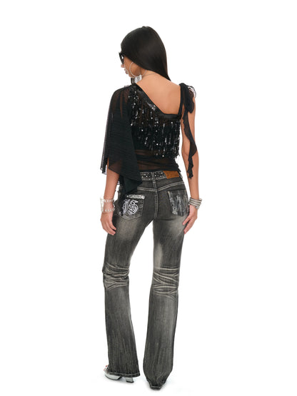 Black Asymmetric Sheer Lurex Mesh Fringe Top