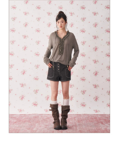 Ruffle Drawstring Sheer Knit Sun-Protective Long Sleeve Top