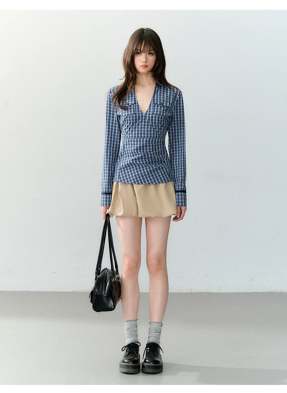 Wrapped V-Neck Plaid Shirt