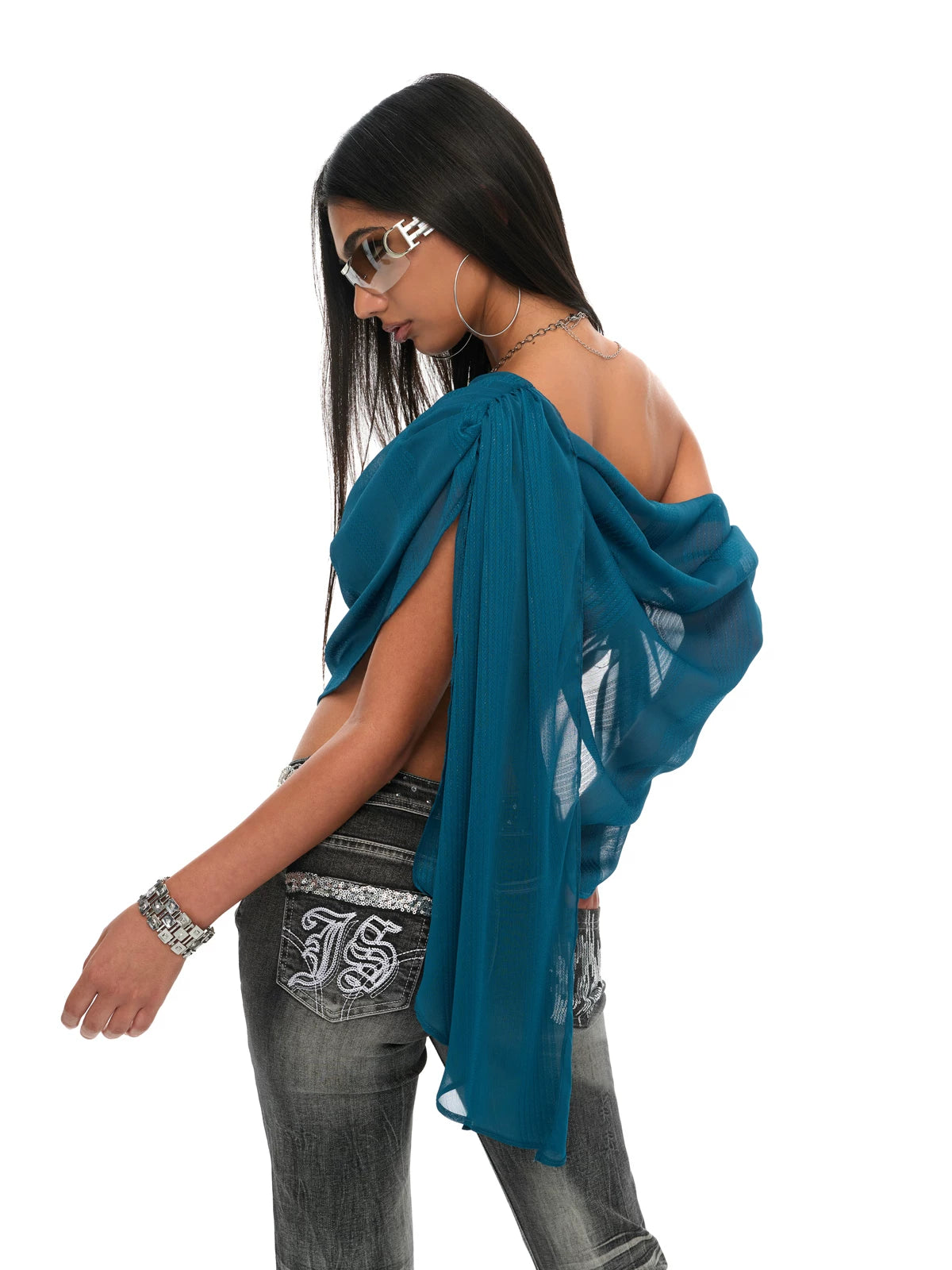 Peacock Blue Draped Off-Shoulder Sheer Chiffon Blouse