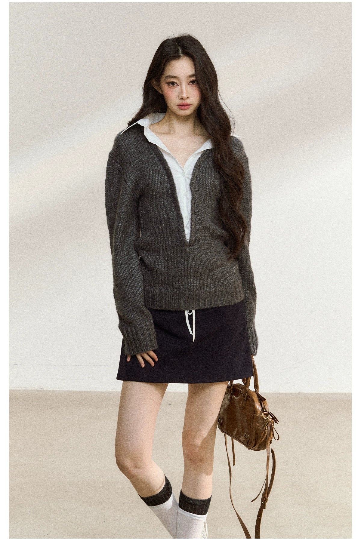 Gray Wool-Blend Layered Knit V-neck