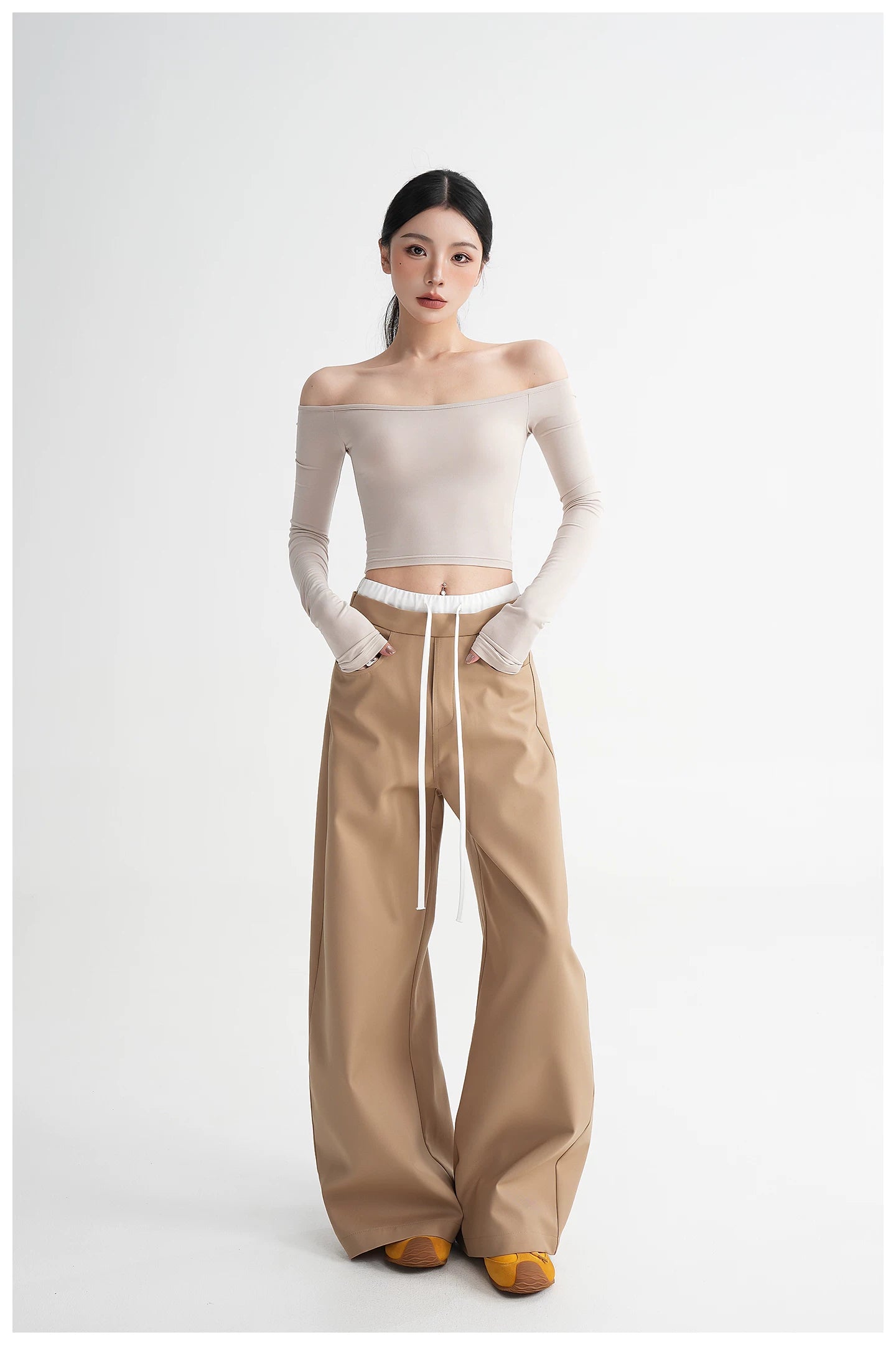 Off-Shoulder Cropped Fitted Long Sleeve T-Shirt