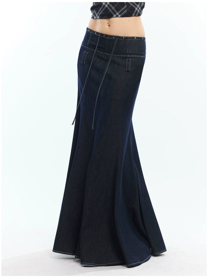Lyocell Denim Rivet-Detail Fishtail Maxi Skirt
