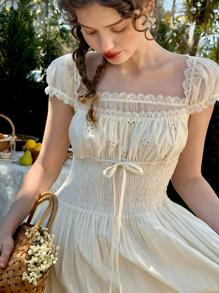 White Pastoral First-Love Cinched-Waist Dress