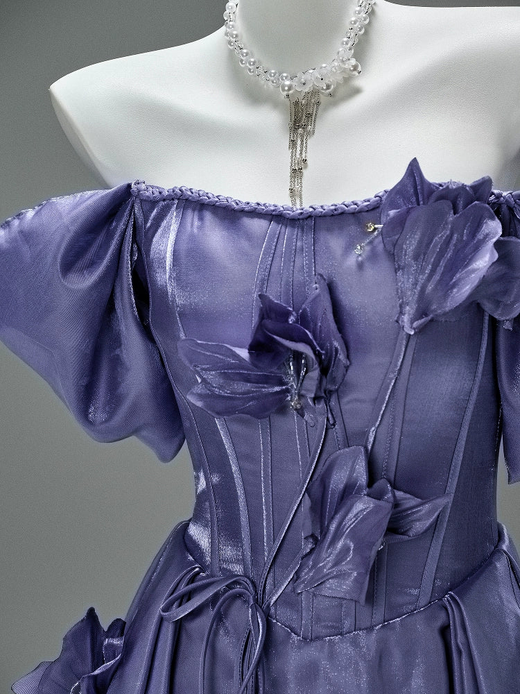 Elegant Purple Satin Floral Couture Gown