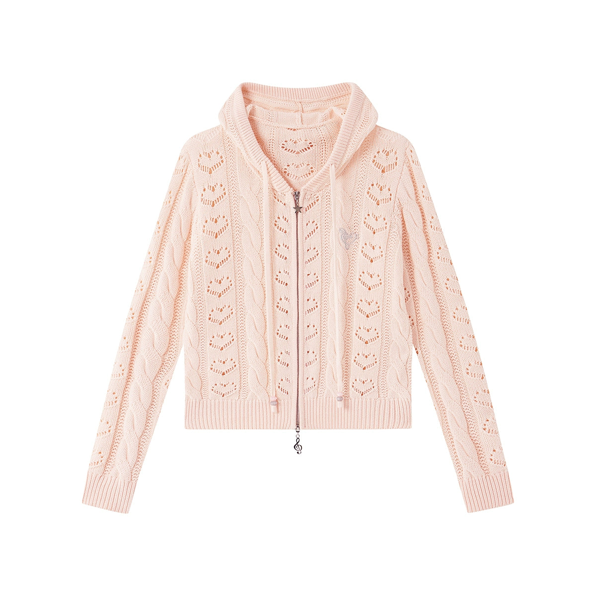 Heart Cutout Cable-Knit Hooded Cardigan