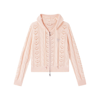 Heart Cutout Cable-Knit Hooded Cardigan