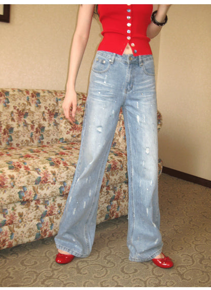 Rhinestone Distressed Denim Pants