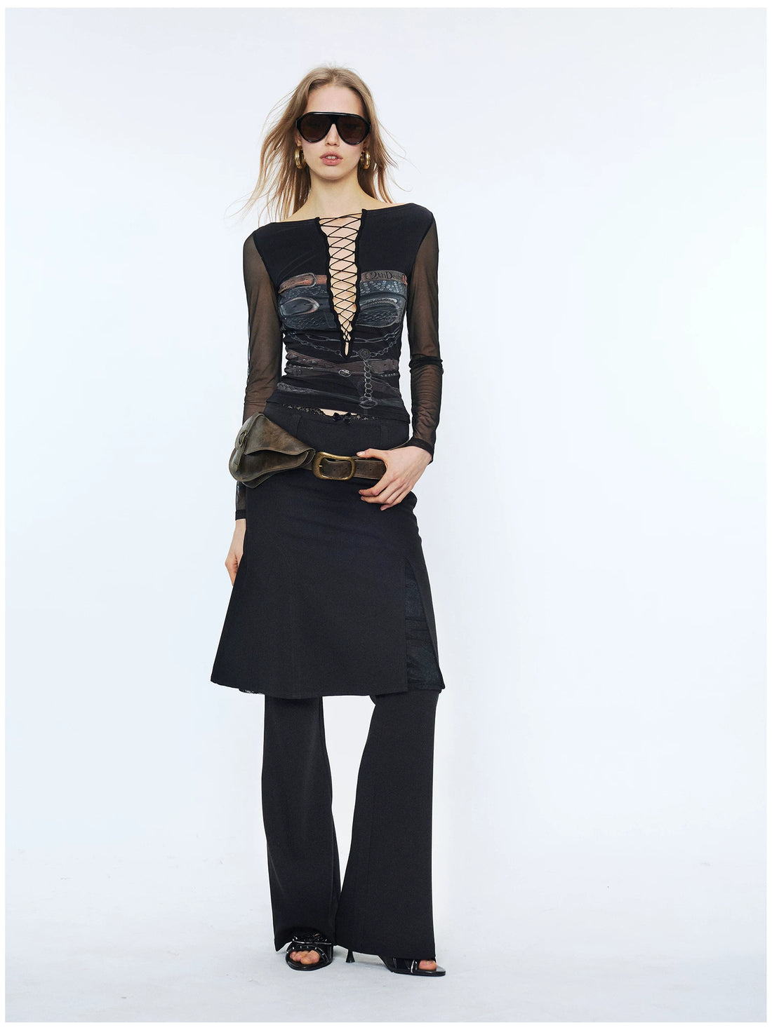 Lace Waist Bow Flared Skirt Pants