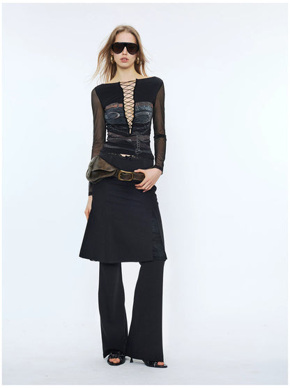 Lace Waist Bow Flared Skirt Pants