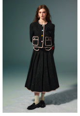 Black Fringed Woolen Jacket & Pleated Skirt Set - CHINASQUAD