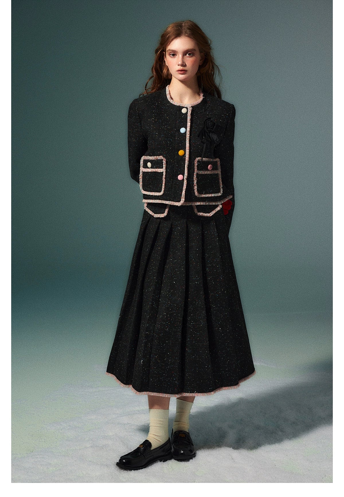 Black Fringed Woolen Jacket &amp; Pleated Skirt Set - CHINASQUAD