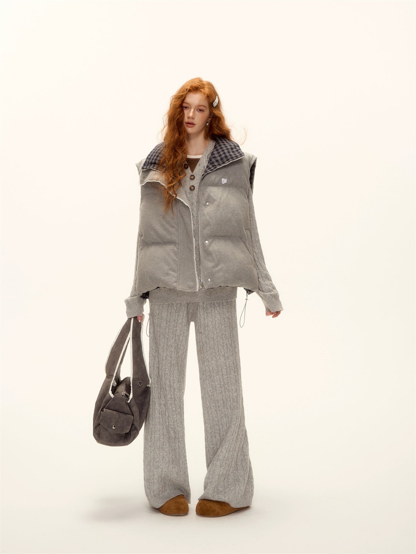 Wool Blend Cable-Knit Hoodie &amp; Wide-Leg Pants Set
