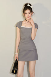 Grey Striped Lace Blouse & Half Skirt Set - CHINASQUAD