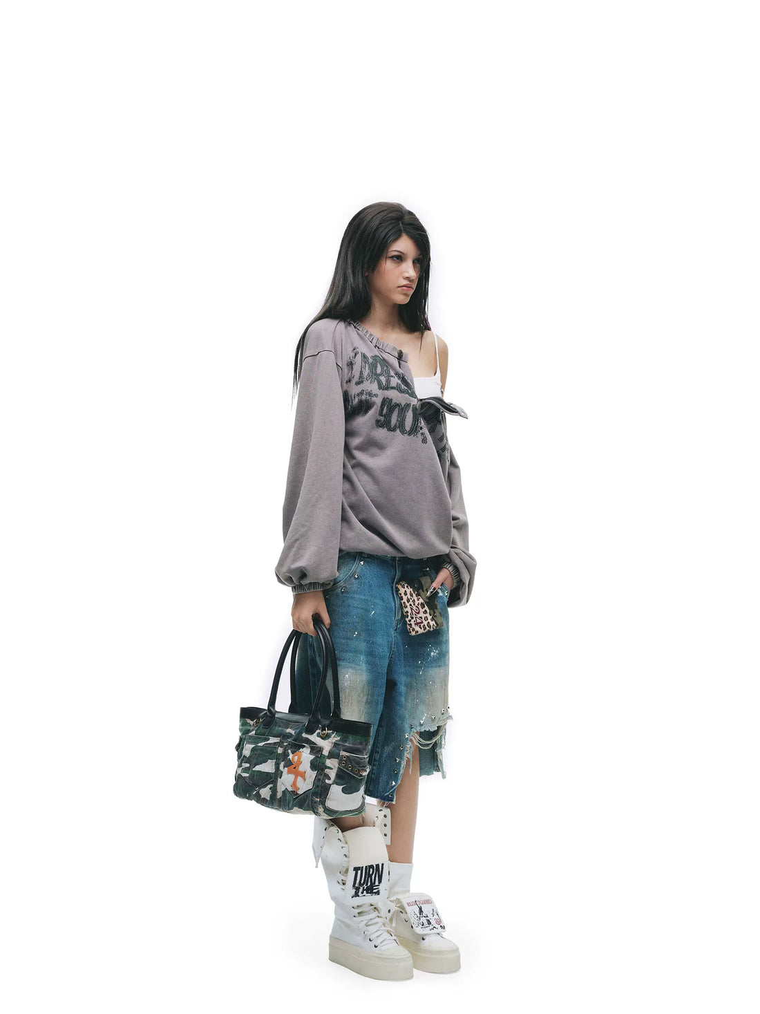 Vintage Distressed Grunge Denim Midi Shorts