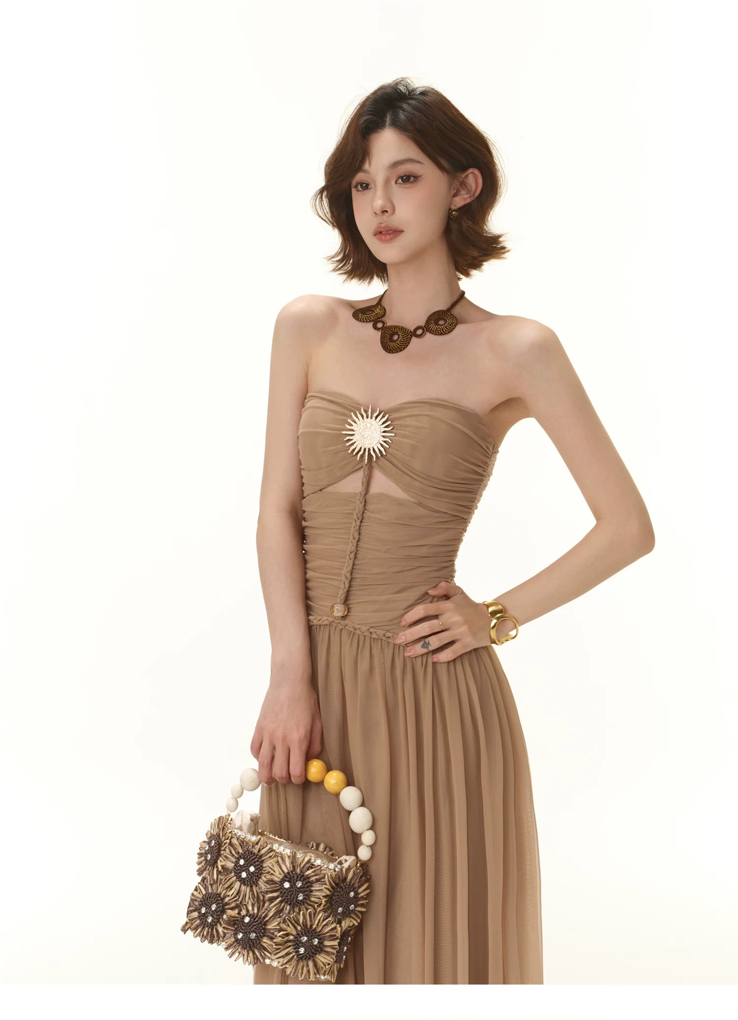CYNR Greek Goddess Strapless Corset Maxi Dress Brown / M CYNR Greek Goddess Strapless Corset Maxi Dress Brown / M