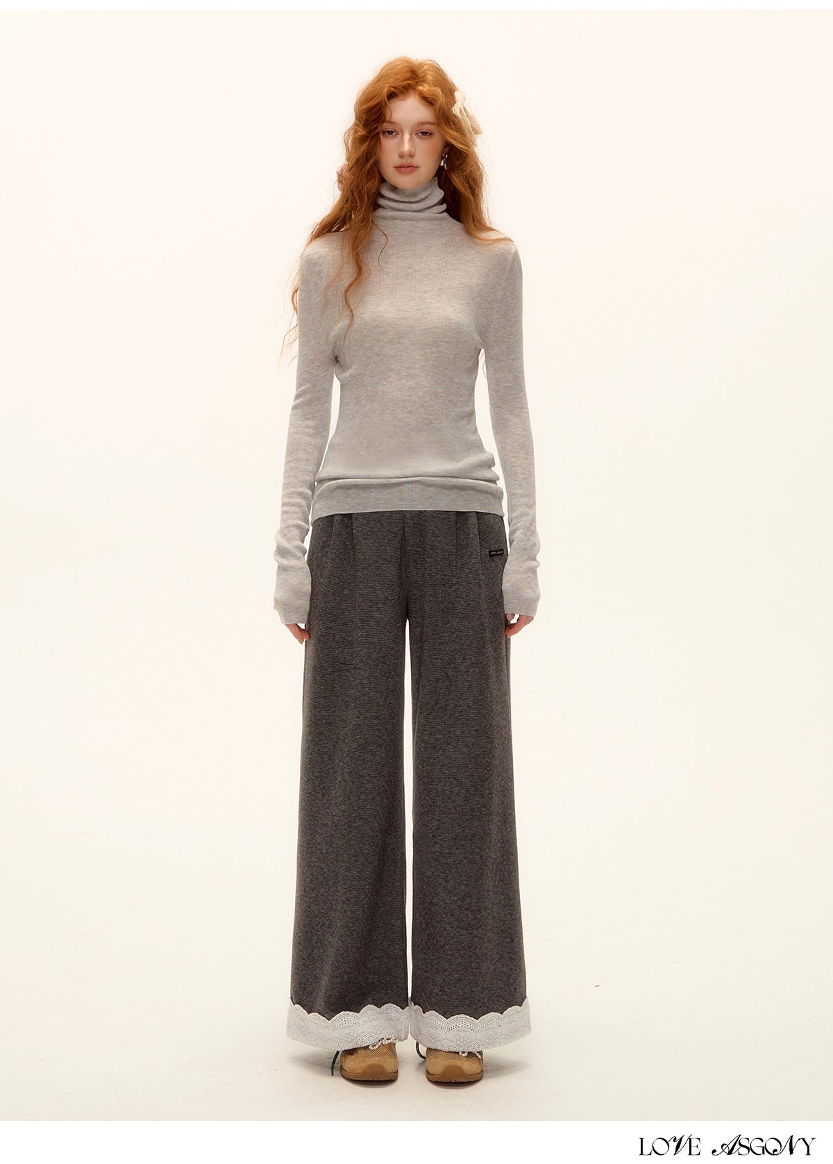 Embroidered Hem Wool Blend Wide-Leg Trousers
