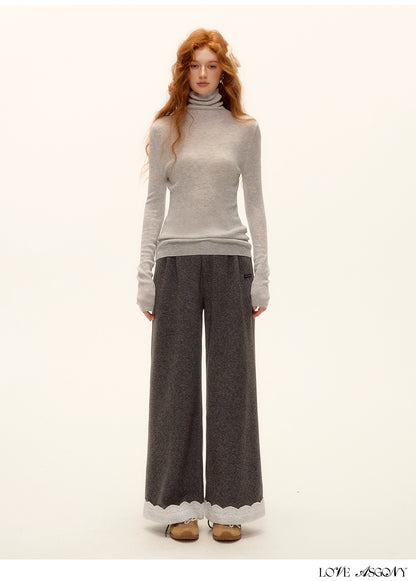 Embroidered Hem Wool Blend Wide-Leg Trousers