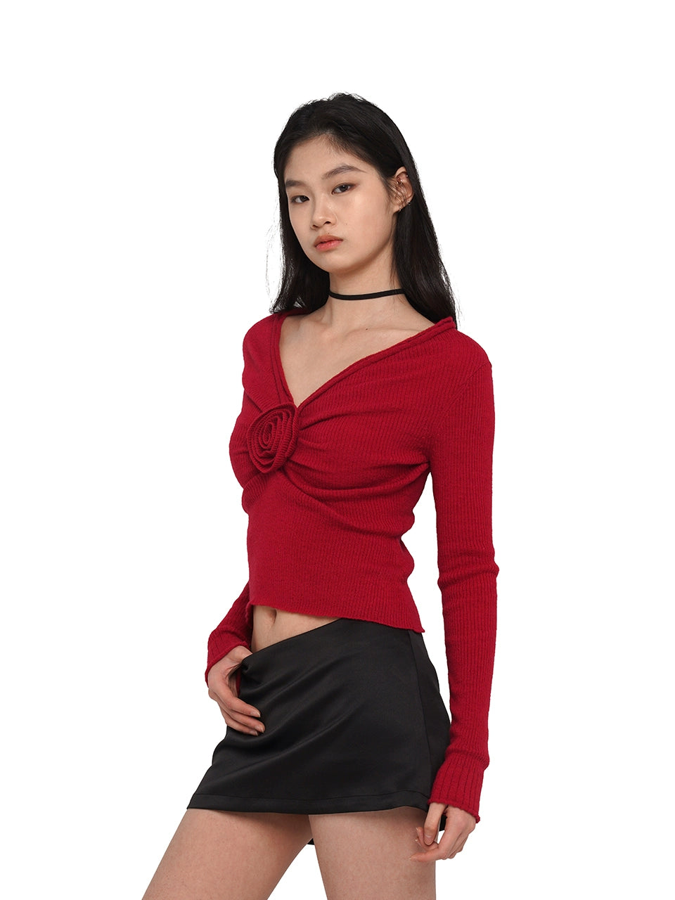 Rose Embellishment V-Neck Sweater