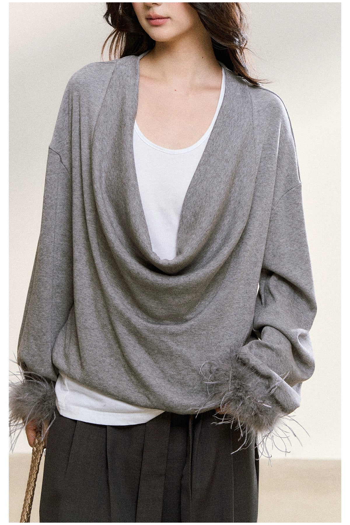 Gray Drape-Neck Fur Cuff Detail Knit Blouse