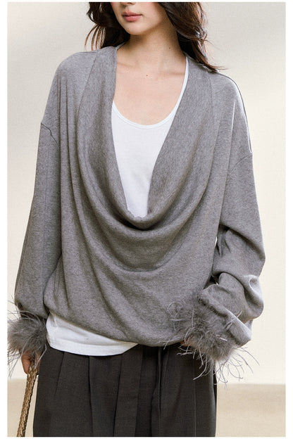 Gray Drape-Neck Fur Cuff Detail Knit Blouse