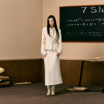White Slim Woolen Jacket &amp; Skirt Set - CHINASQUAD