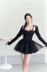 Black Ballet Vintage Slim Halter Puffy Mini Dress - CHINASQUAD