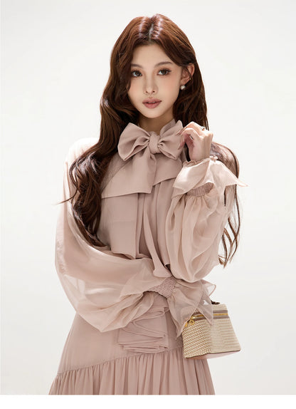 V-Neck Lantern Sleeve Maxi Dress