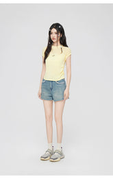 Yellow & Black Hollow Ruffled Knitted T-shirt - CHINASQUAD