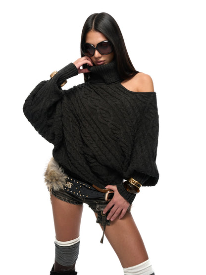 Wool-Blend Batwing Cable Knit Sweater