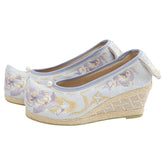 "花照" Three-Color Traditional Pattern Embroidered Low Heel Bow Shoes - CHINASQUAD