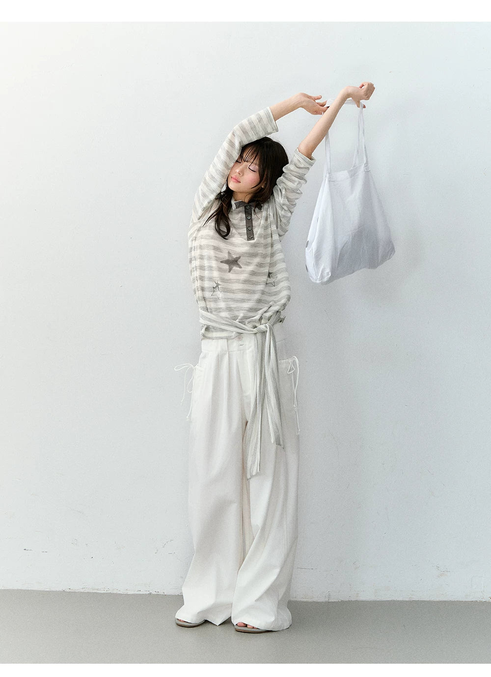 Star Print Off-Shoulder Striped Relaxed Knit Blouse