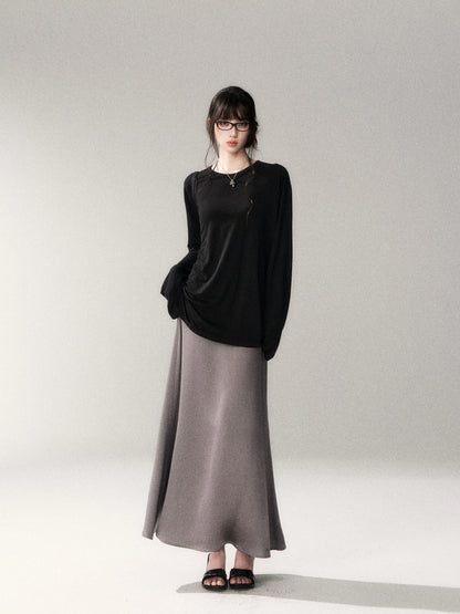 French Satin Acetate A-Line Midi Skirt