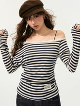 Striped Off Shoulder Fake Two-Piece T-Shirt - CHINASQUAD