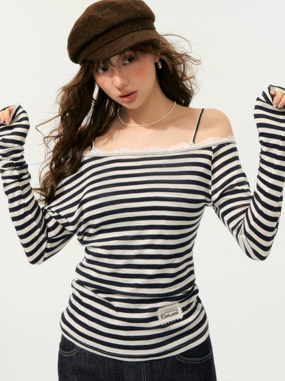 Striped Off Shoulder Fake Two-Piece T-Shirt - CHINASQUAD