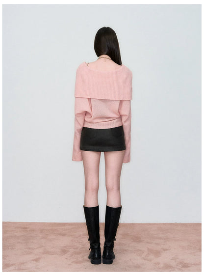 Cut-Out Collared Relaxed Wool Knit Cardigan